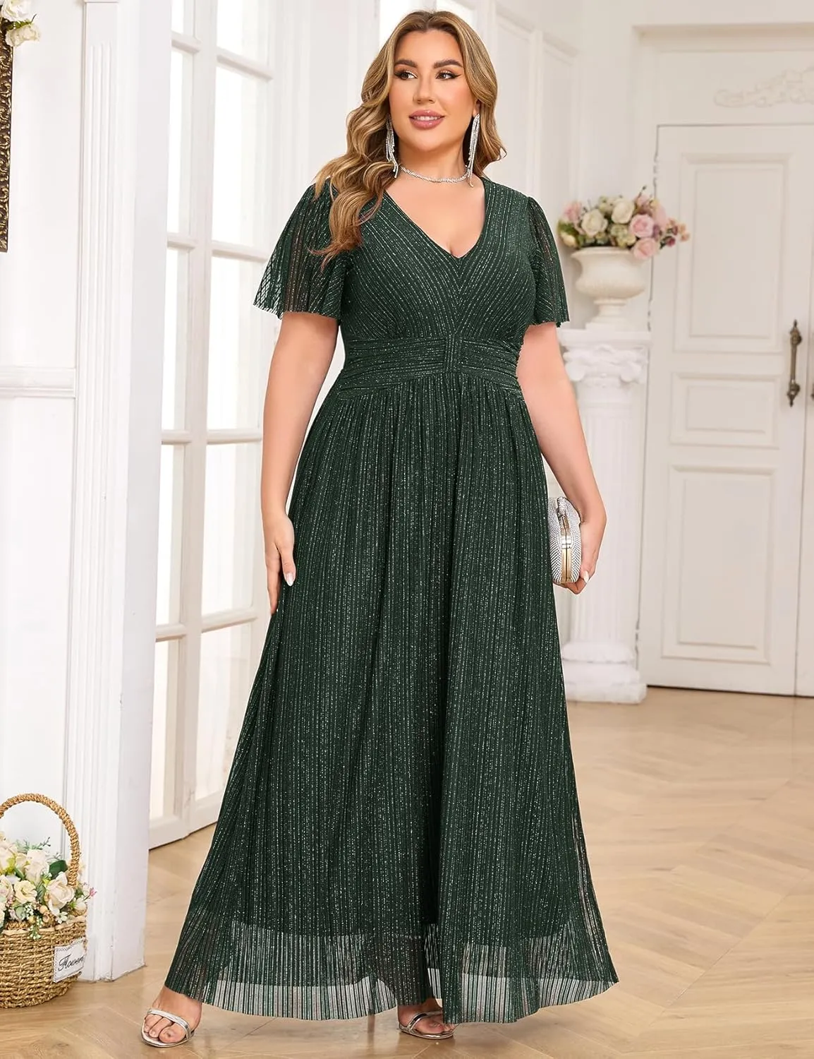 ZOMVA Plus Size Maxi Formal Dress Sparkly V-Neck A-line Ruffle Sleeves Evening Gown Cocktail Prom Glitter