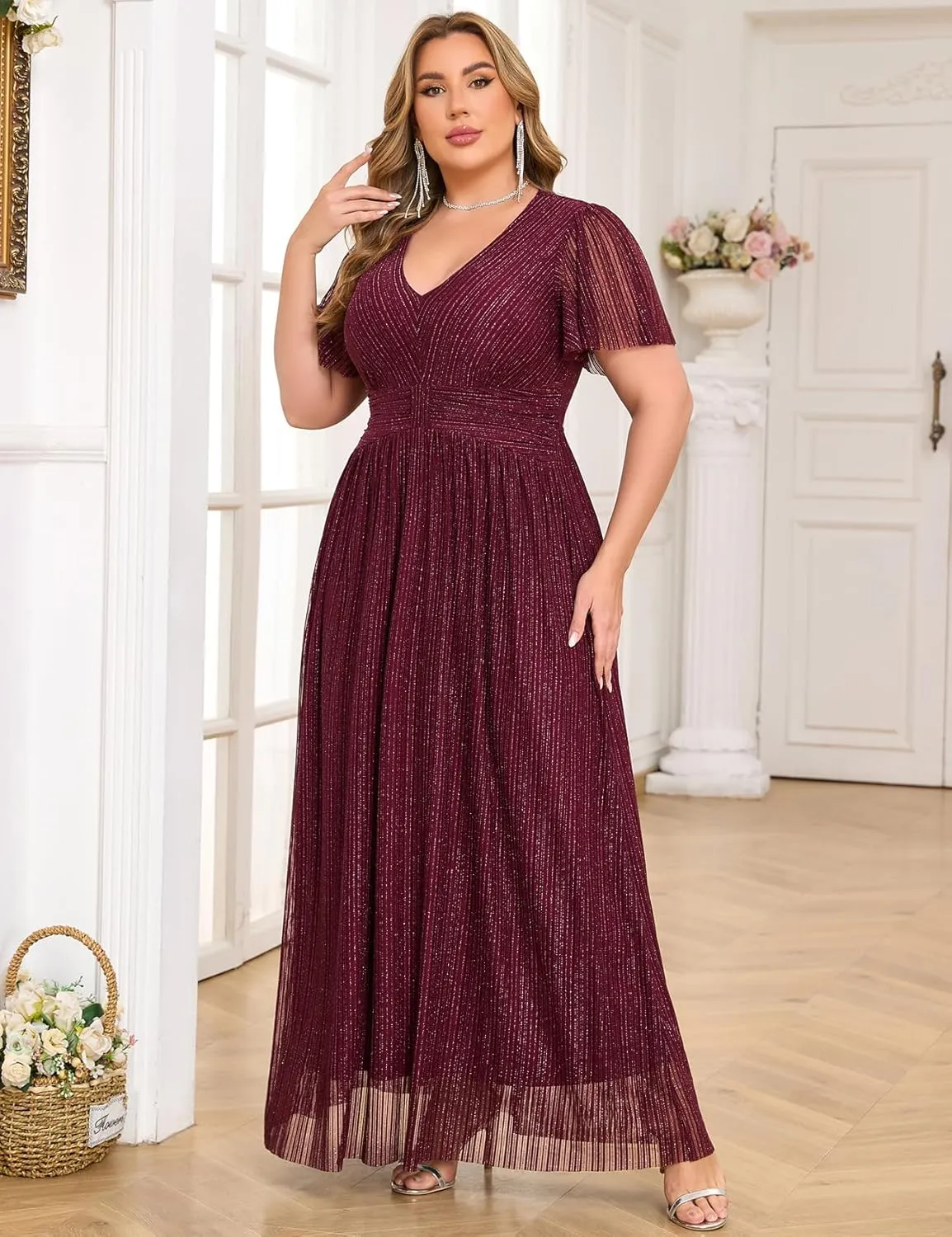 ZOMVA Plus Size Maxi Formal Dress Sparkly V-Neck A-line Ruffle Sleeves Evening Gown Cocktail Prom Glitter