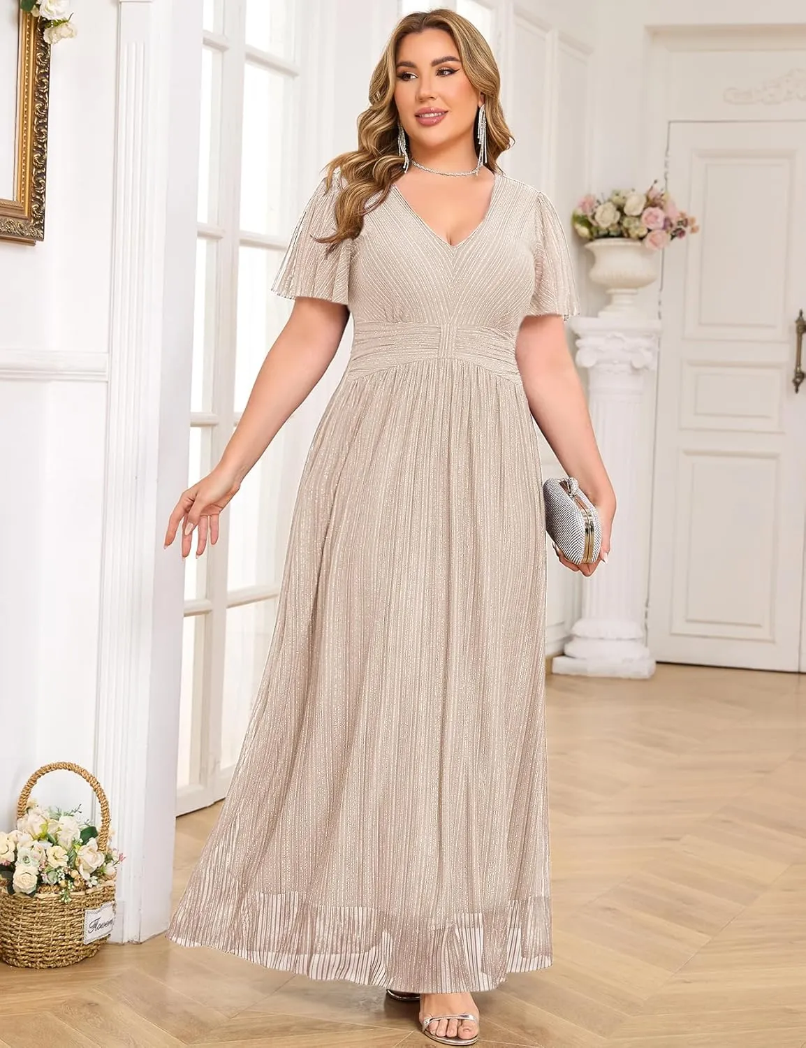 ZOMVA Plus Size Maxi Formal Dress Sparkly V-Neck A-line Ruffle Sleeves Evening Gown Cocktail Prom Glitter