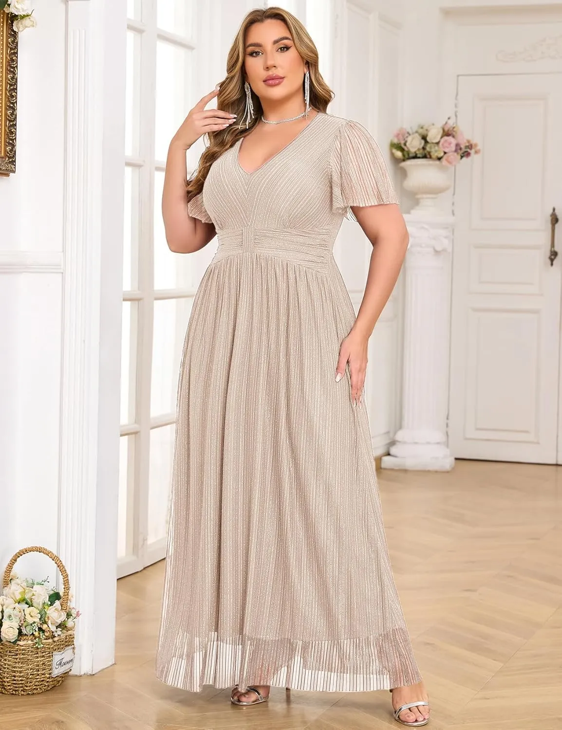 ZOMVA Plus Size Maxi Formal Dress Sparkly V-Neck A-line Ruffle Sleeves Evening Gown Cocktail Prom Glitter