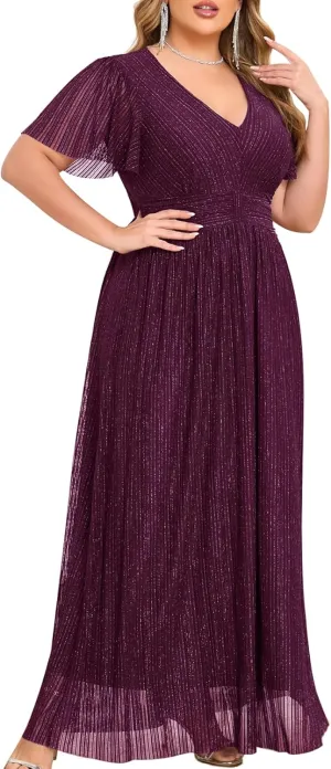 ZOMVA Plus Size Maxi Formal Dress Sparkly V-Neck A-line Ruffle Sleeves Evening Gown Cocktail Prom Glitter