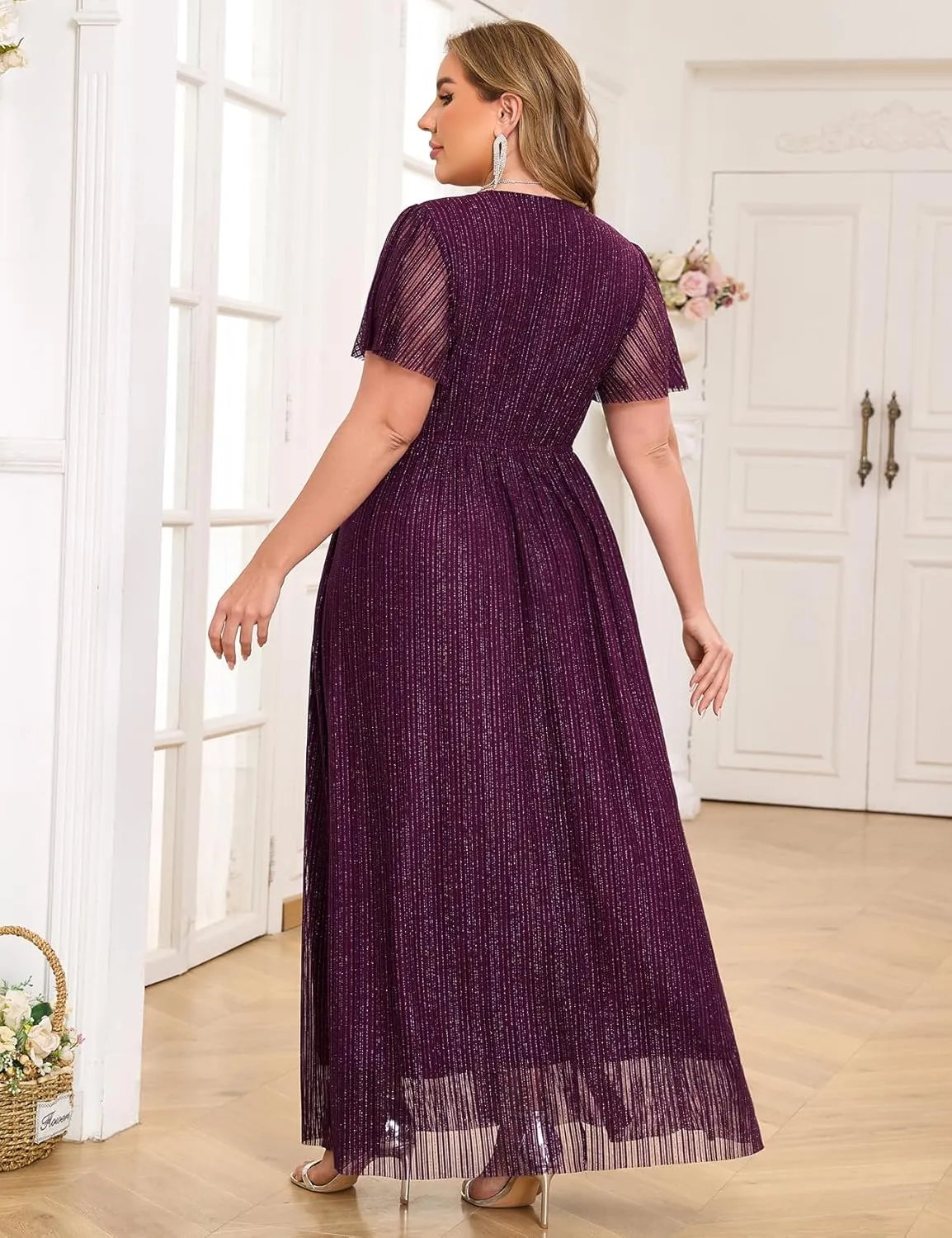 ZOMVA Plus Size Maxi Formal Dress Sparkly V-Neck A-line Ruffle Sleeves Evening Gown Cocktail Prom Glitter