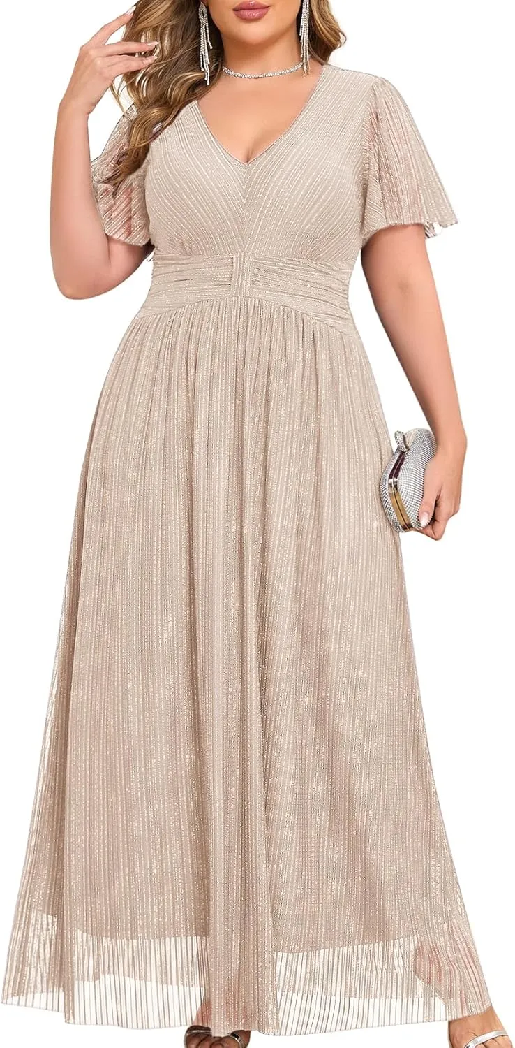 ZOMVA Plus Size Maxi Formal Dress Sparkly V-Neck A-line Ruffle Sleeves Evening Gown Cocktail Prom Glitter