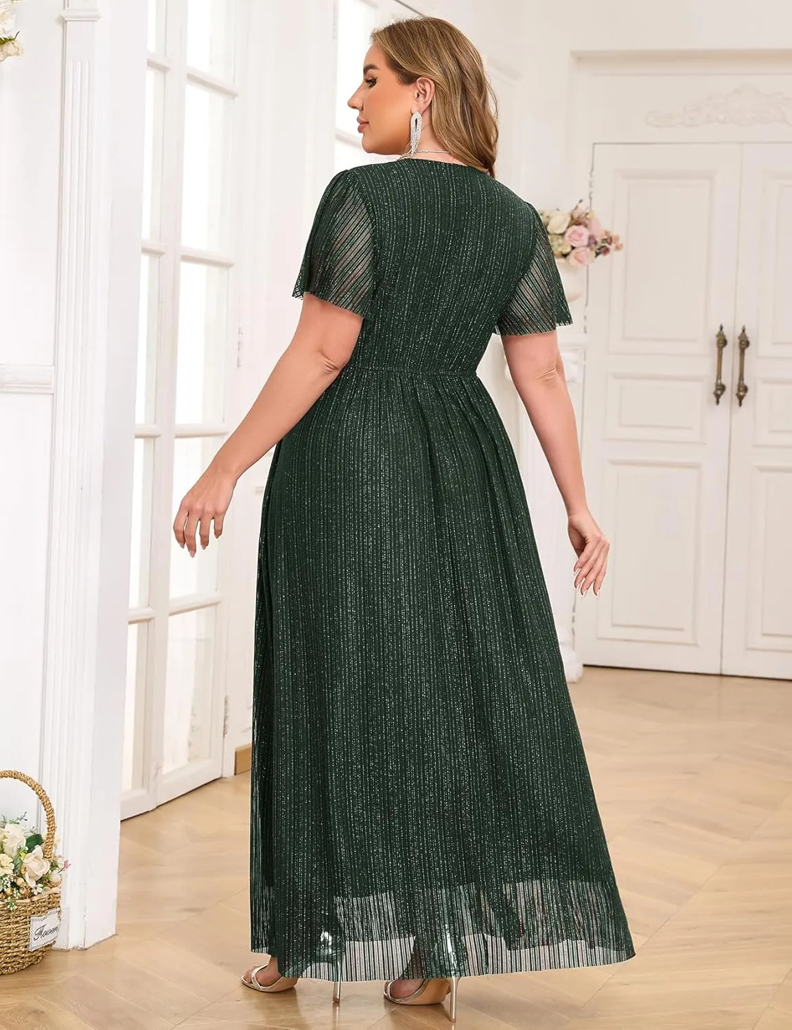 ZOMVA Plus Size Maxi Formal Dress Sparkly V-Neck A-line Ruffle Sleeves Evening Gown Cocktail Prom Glitter