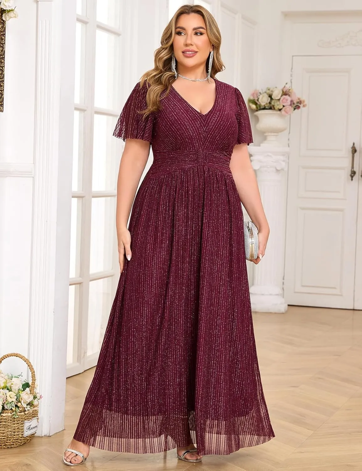 ZOMVA Plus Size Maxi Formal Dress Sparkly V-Neck A-line Ruffle Sleeves Evening Gown Cocktail Prom Glitter
