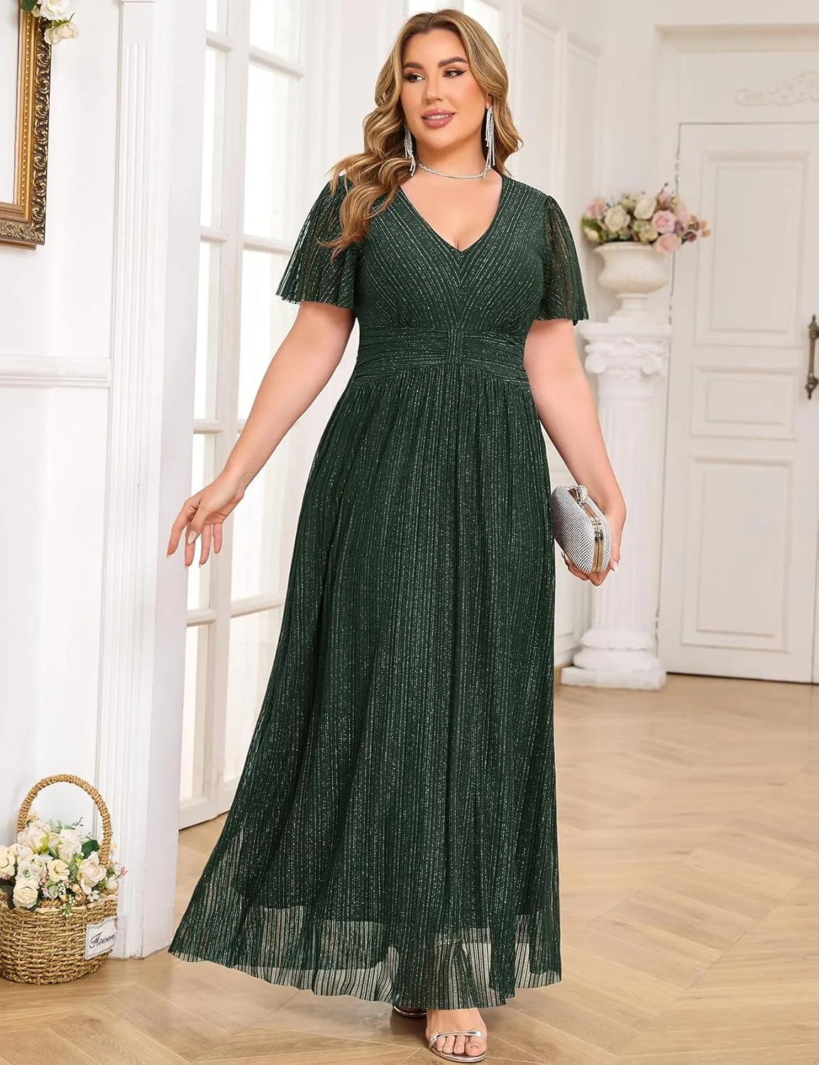 ZOMVA Plus Size Maxi Formal Dress Sparkly V-Neck A-line Ruffle Sleeves Evening Gown Cocktail Prom Glitter