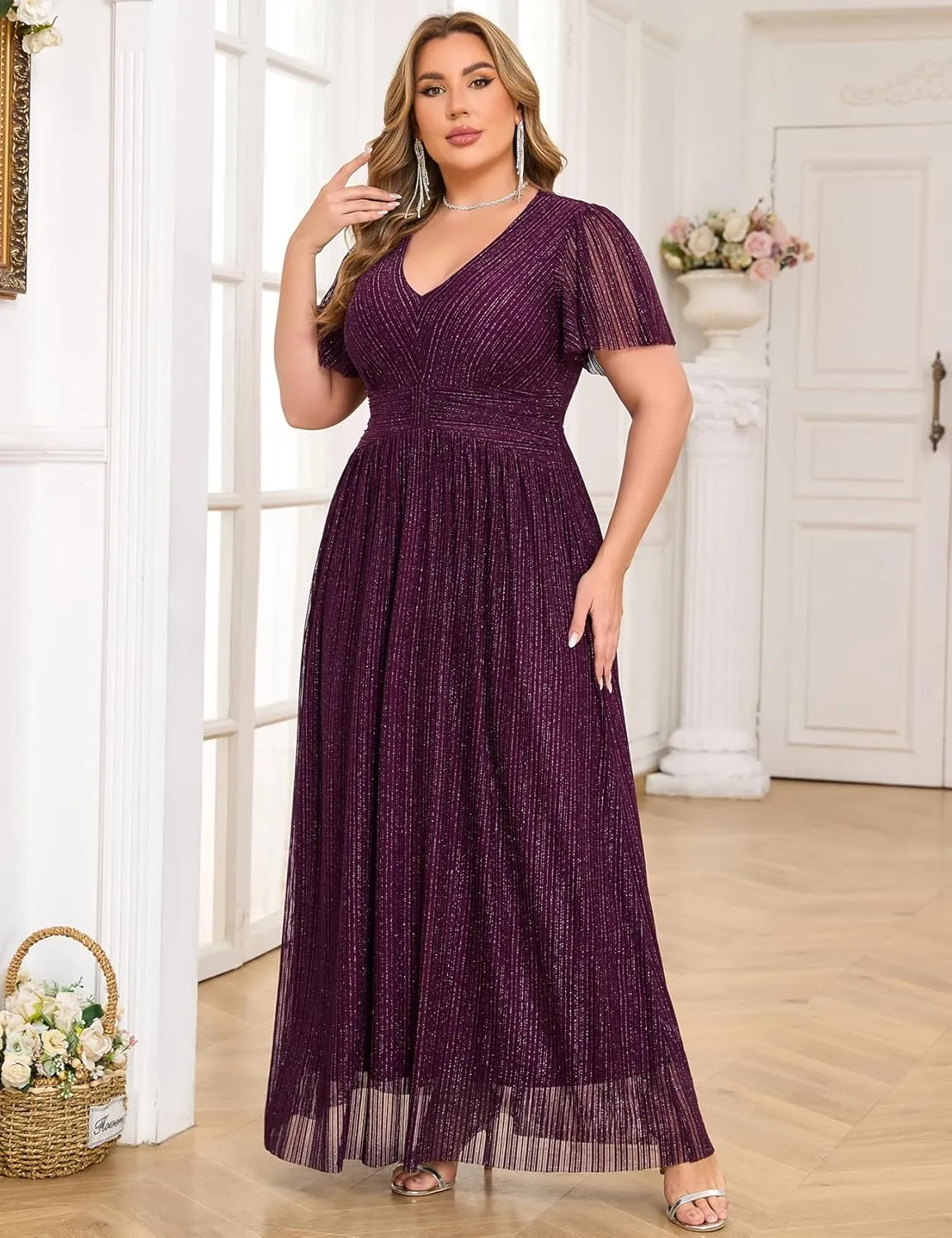 ZOMVA Plus Size Maxi Formal Dress Sparkly V-Neck A-line Ruffle Sleeves Evening Gown Cocktail Prom Glitter