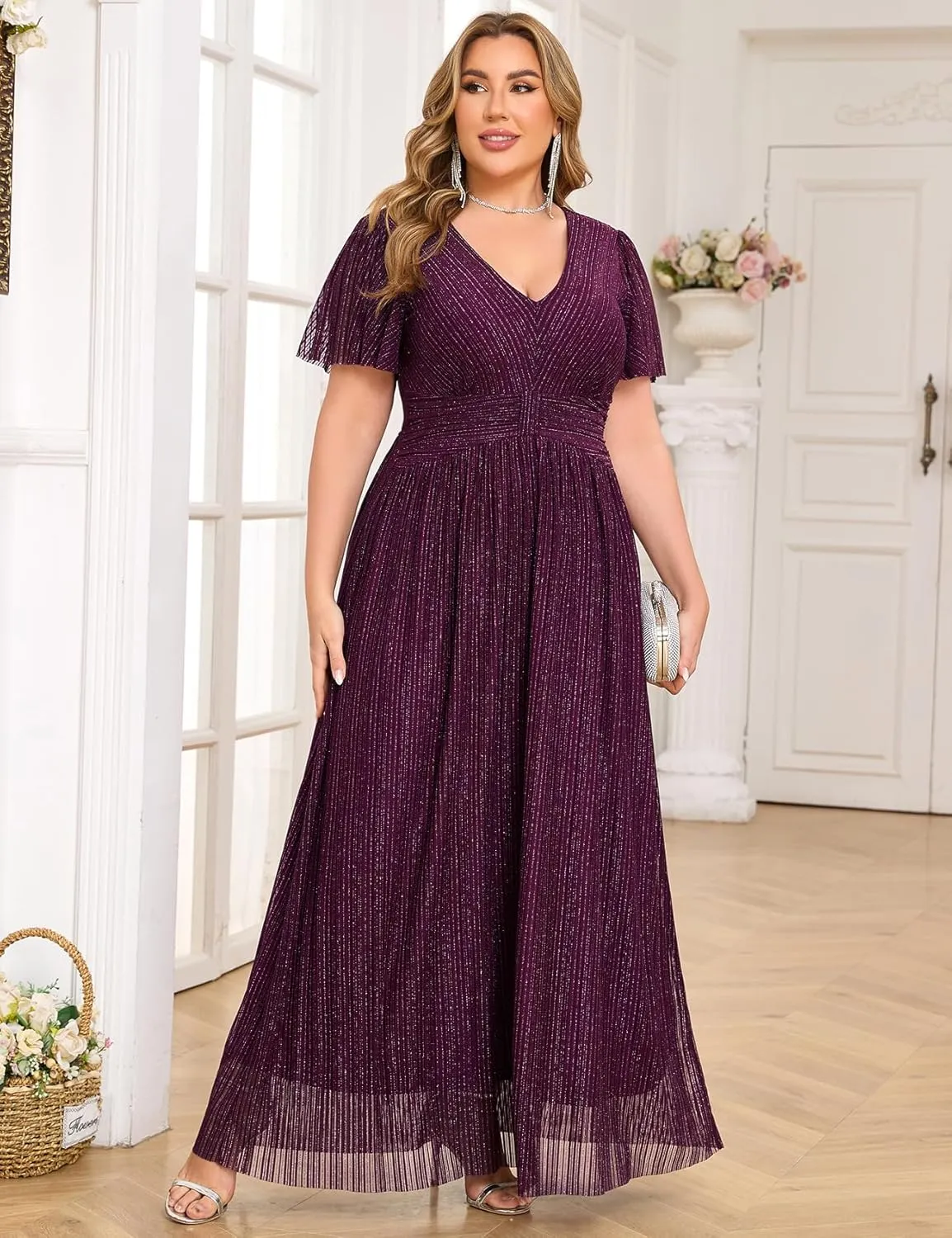 ZOMVA Plus Size Maxi Formal Dress Sparkly V-Neck A-line Ruffle Sleeves Evening Gown Cocktail Prom Glitter