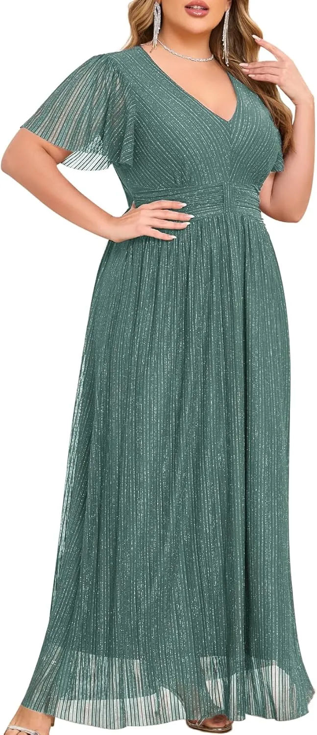 ZOMVA Plus Size Maxi Formal Dress Sparkly V-Neck A-line Ruffle Sleeves Evening Gown Cocktail Prom Glitter