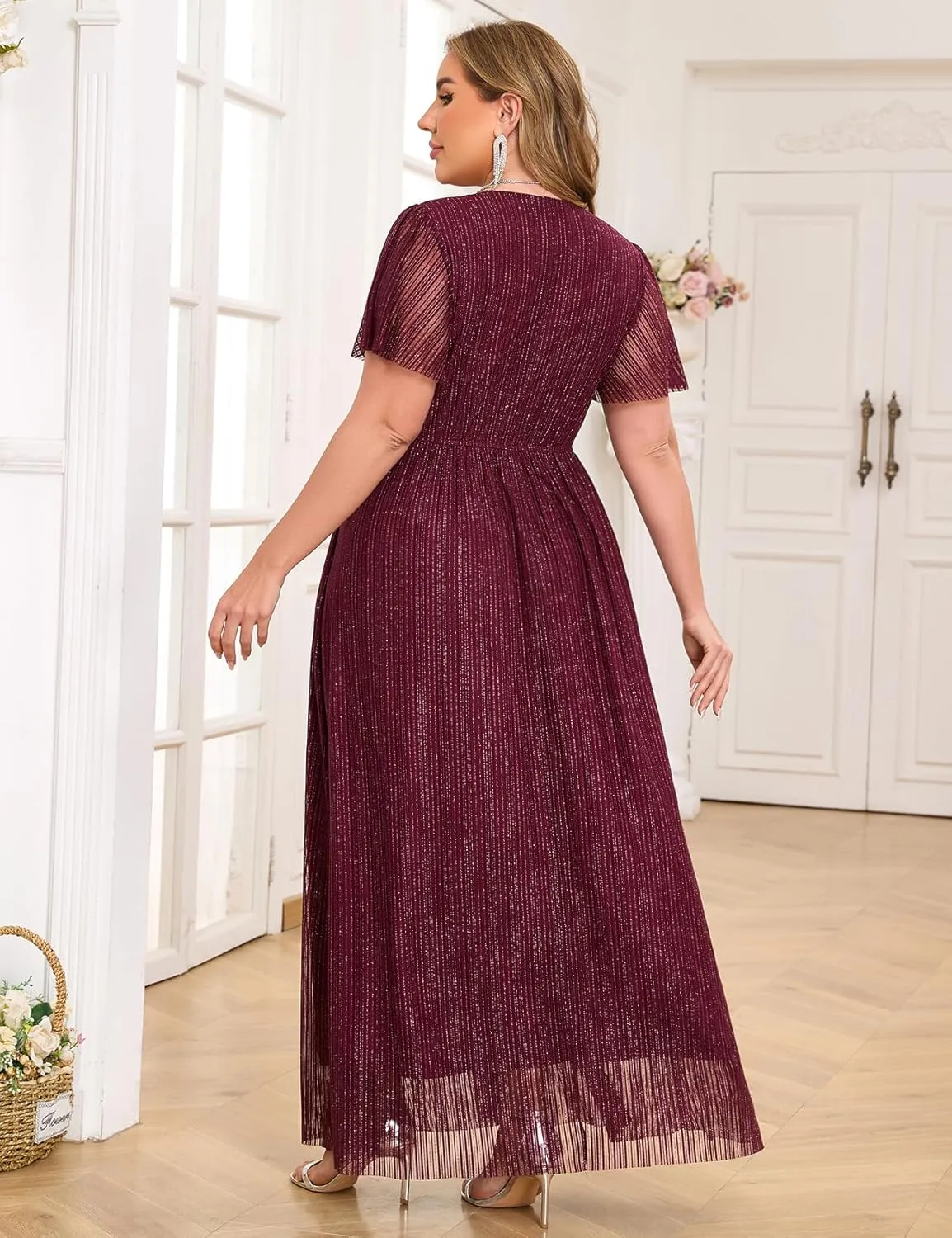 ZOMVA Plus Size Maxi Formal Dress Sparkly V-Neck A-line Ruffle Sleeves Evening Gown Cocktail Prom Glitter