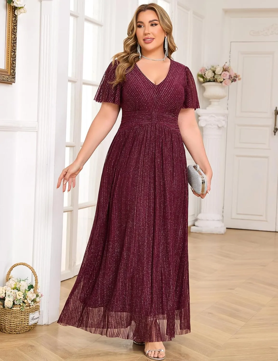 ZOMVA Plus Size Maxi Formal Dress Sparkly V-Neck A-line Ruffle Sleeves Evening Gown Cocktail Prom Glitter