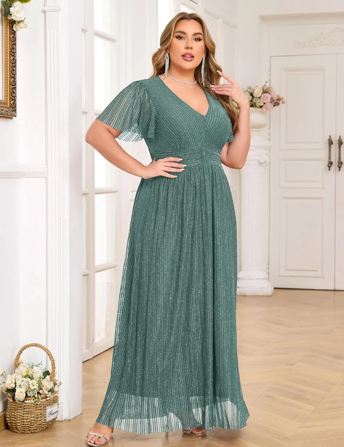 ZOMVA Plus Size Maxi Formal Dress Sparkly V-Neck A-line Ruffle Sleeves Evening Gown Cocktail Prom Glitter