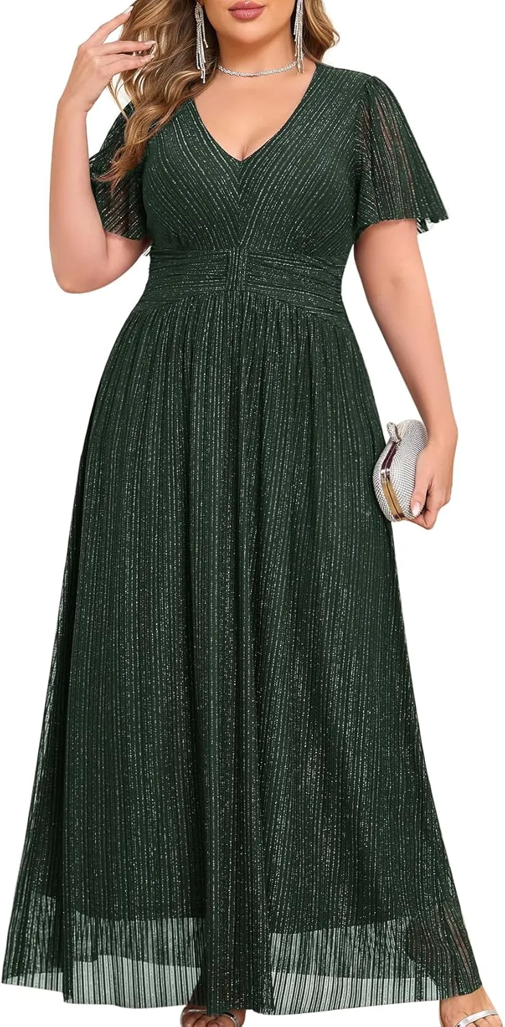 ZOMVA Plus Size Maxi Formal Dress Sparkly V-Neck A-line Ruffle Sleeves Evening Gown Cocktail Prom Glitter