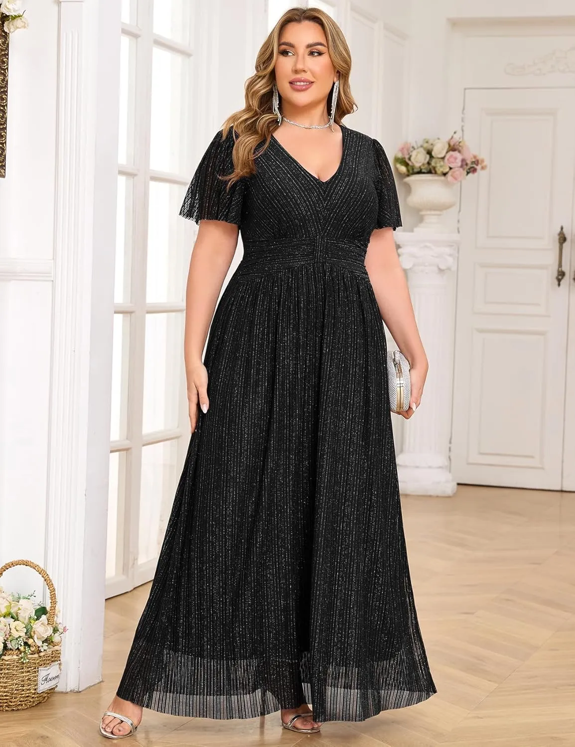 ZOMVA Plus Size Maxi Formal Dress Sparkly V-Neck A-line Ruffle Sleeves Evening Gown Cocktail Prom Glitter