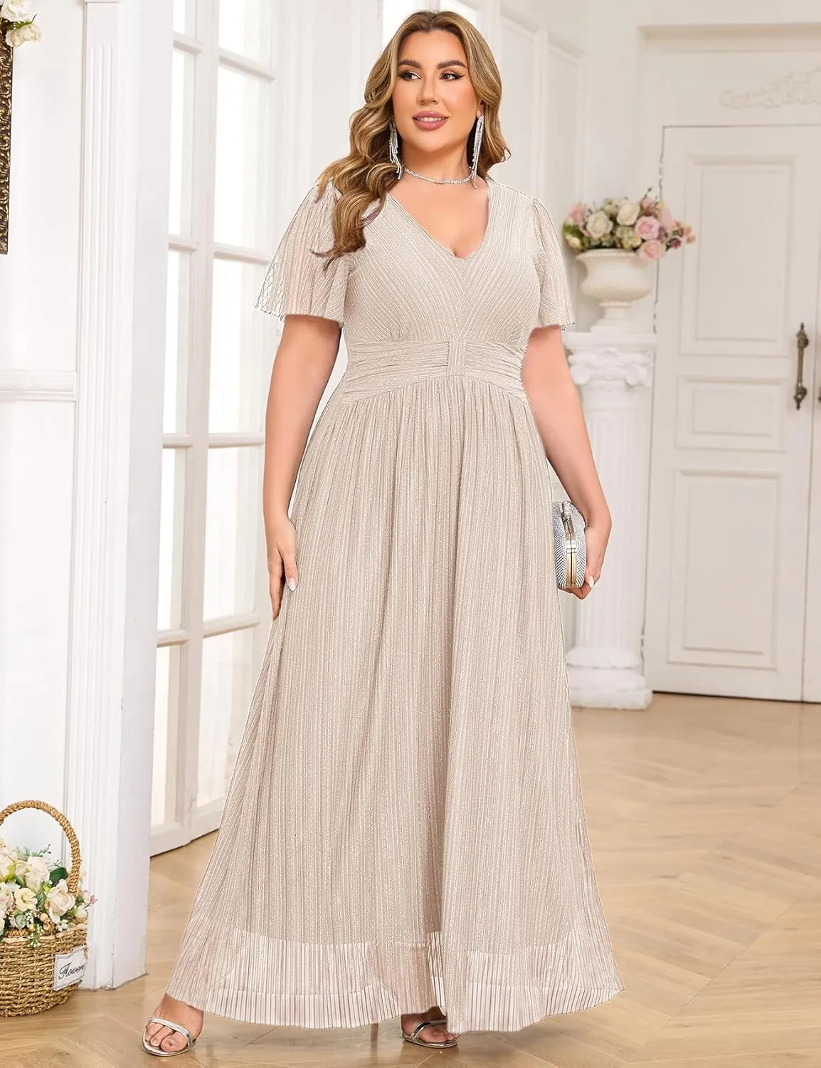 ZOMVA Plus Size Maxi Formal Dress Sparkly V-Neck A-line Ruffle Sleeves Evening Gown Cocktail Prom Glitter