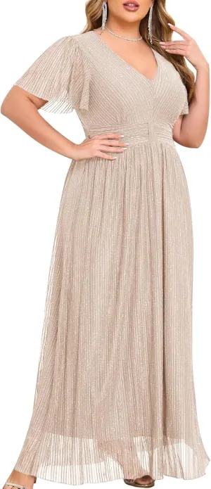 ZOMVA Plus Size Maxi Formal Dress Sparkly V-Neck A-line Ruffle Sleeves Evening Gown Cocktail Prom Glitter