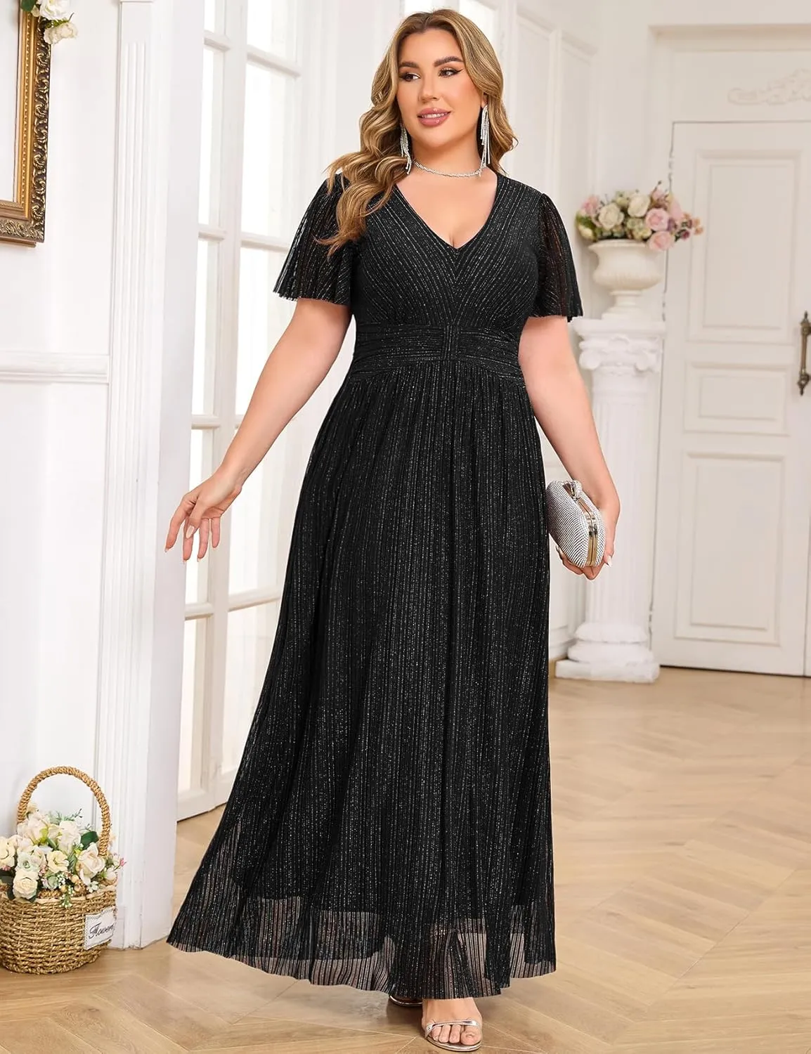 ZOMVA Plus Size Maxi Formal Dress Sparkly V-Neck A-line Ruffle Sleeves Evening Gown Cocktail Prom Glitter