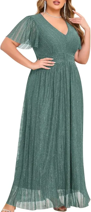ZOMVA Plus Size Maxi Formal Dress Sparkly V-Neck A-line Ruffle Sleeves Evening Gown Cocktail Prom Glitter