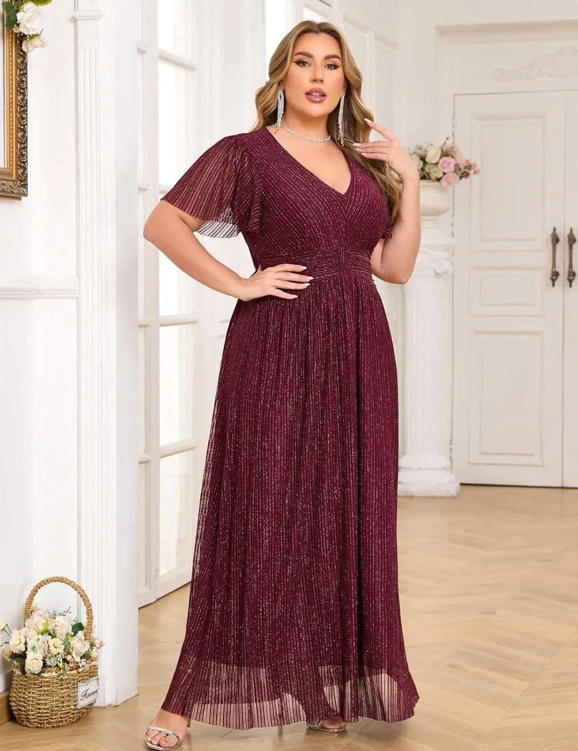 ZOMVA Plus Size Maxi Formal Dress Sparkly V-Neck A-line Ruffle Sleeves Evening Gown Cocktail Prom Glitter