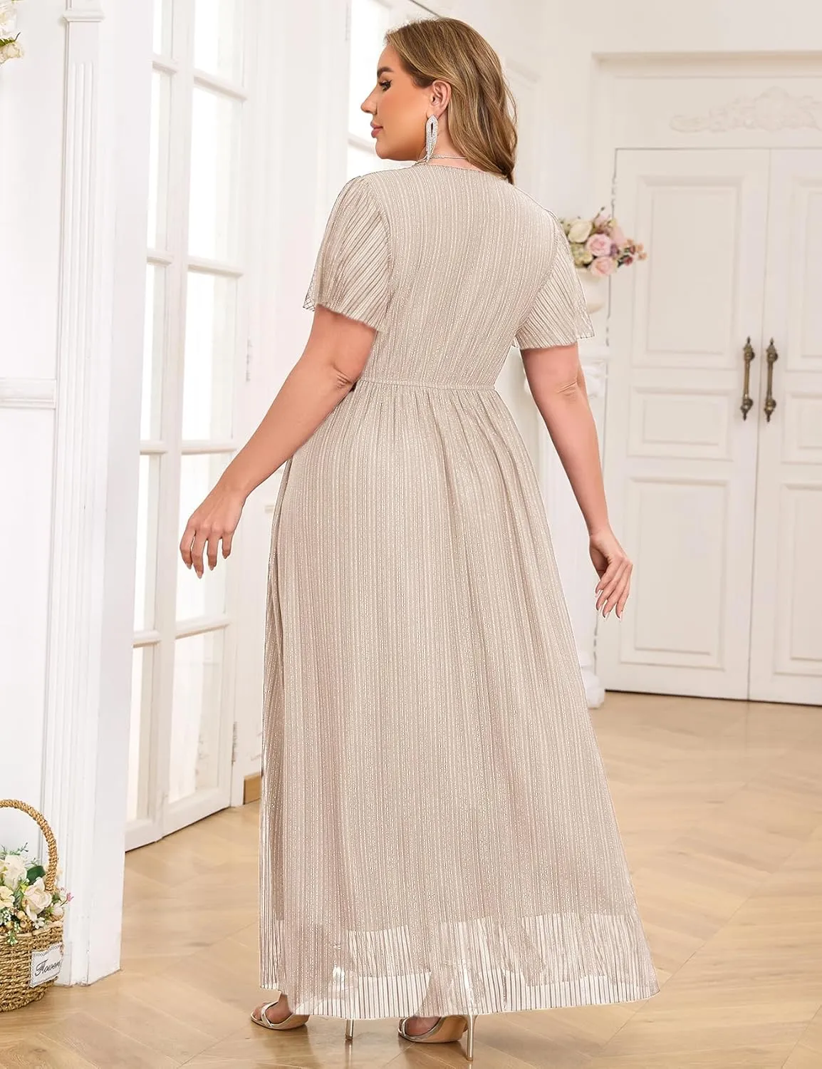 ZOMVA Plus Size Maxi Formal Dress Sparkly V-Neck A-line Ruffle Sleeves Evening Gown Cocktail Prom Glitter