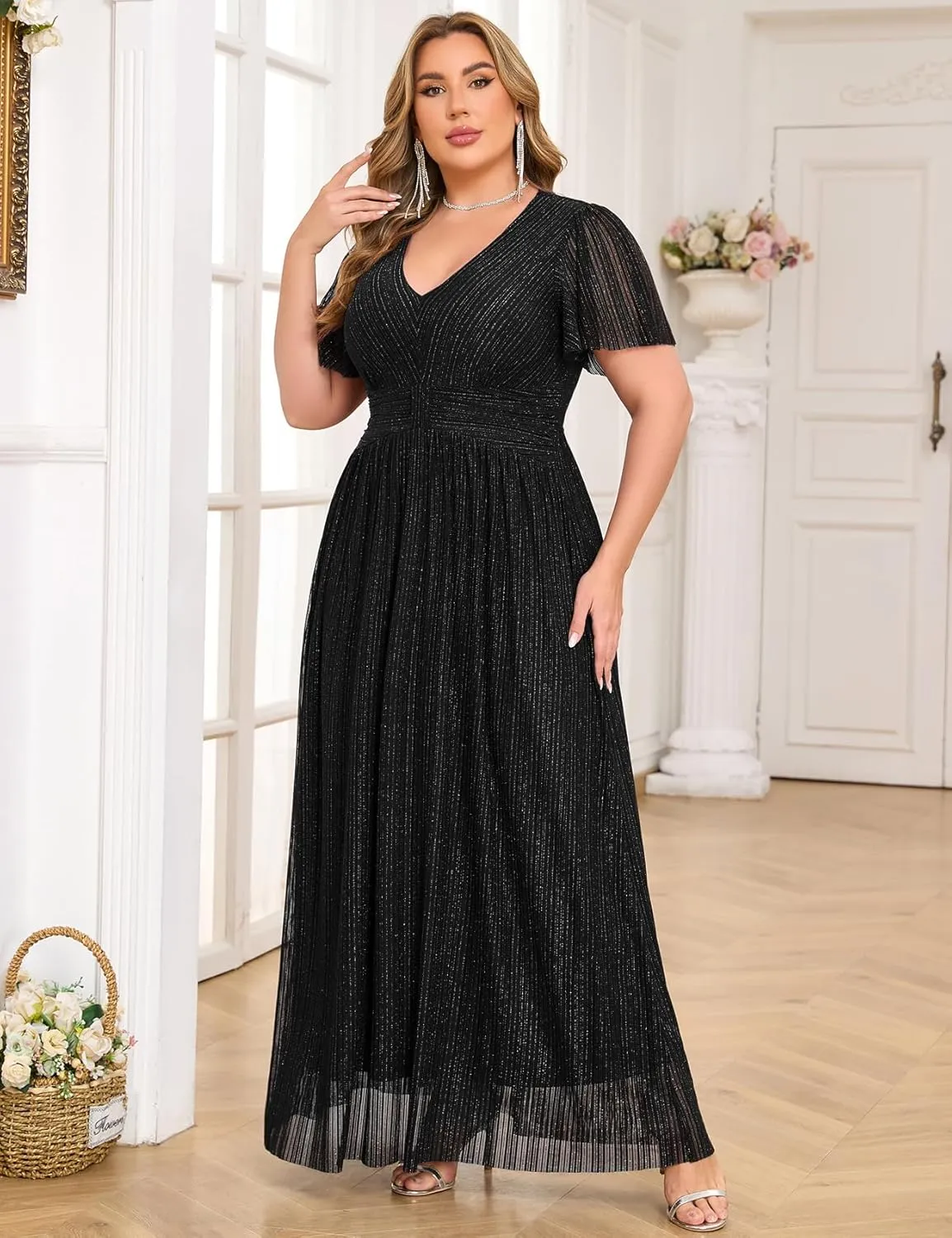 ZOMVA Plus Size Maxi Formal Dress Sparkly V-Neck A-line Ruffle Sleeves Evening Gown Cocktail Prom Glitter