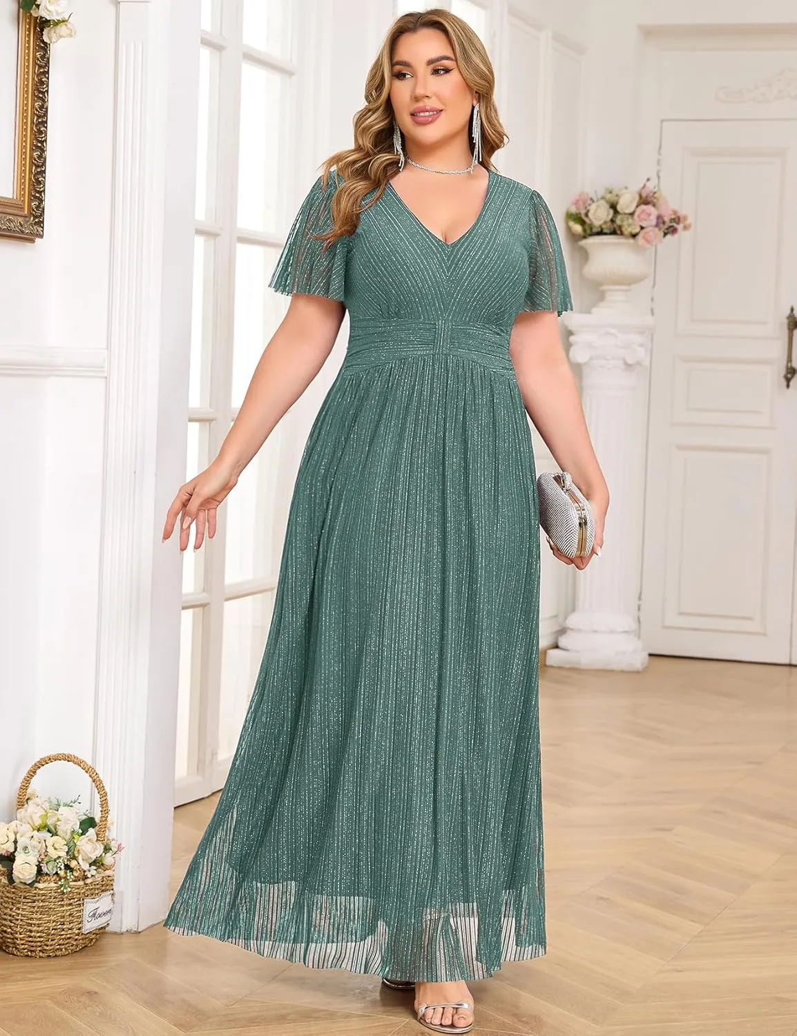 ZOMVA Plus Size Maxi Formal Dress Sparkly V-Neck A-line Ruffle Sleeves Evening Gown Cocktail Prom Glitter