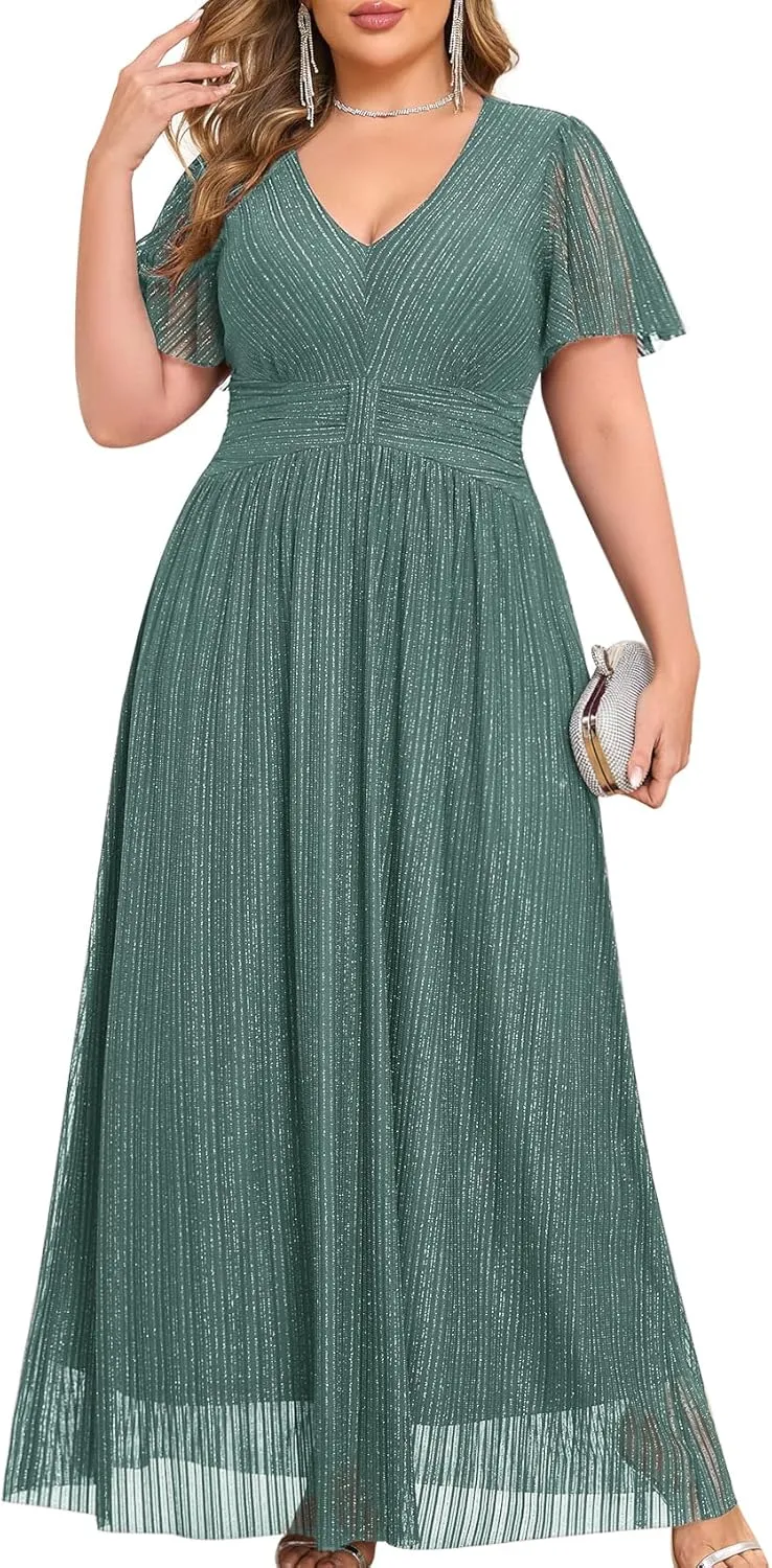 ZOMVA Plus Size Maxi Formal Dress Sparkly V-Neck A-line Ruffle Sleeves Evening Gown Cocktail Prom Glitter