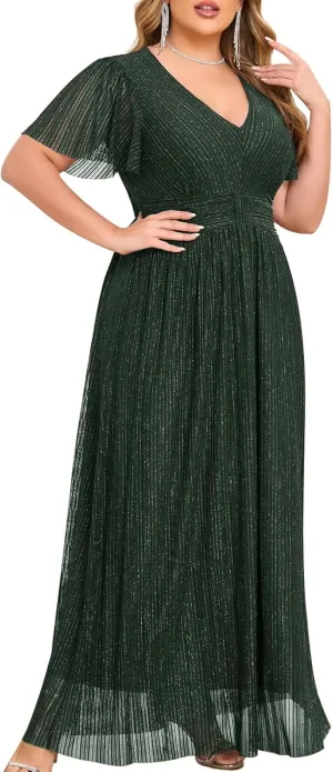 ZOMVA Plus Size Maxi Formal Dress Sparkly V-Neck A-line Ruffle Sleeves Evening Gown Cocktail Prom Glitter