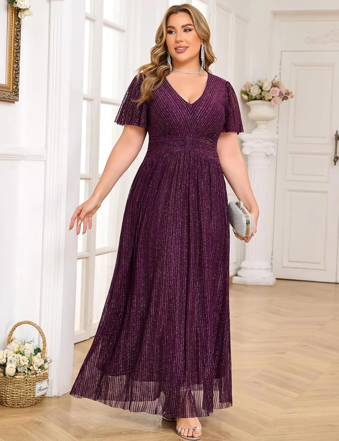 ZOMVA Plus Size Maxi Formal Dress Sparkly V-Neck A-line Ruffle Sleeves Evening Gown Cocktail Prom Glitter