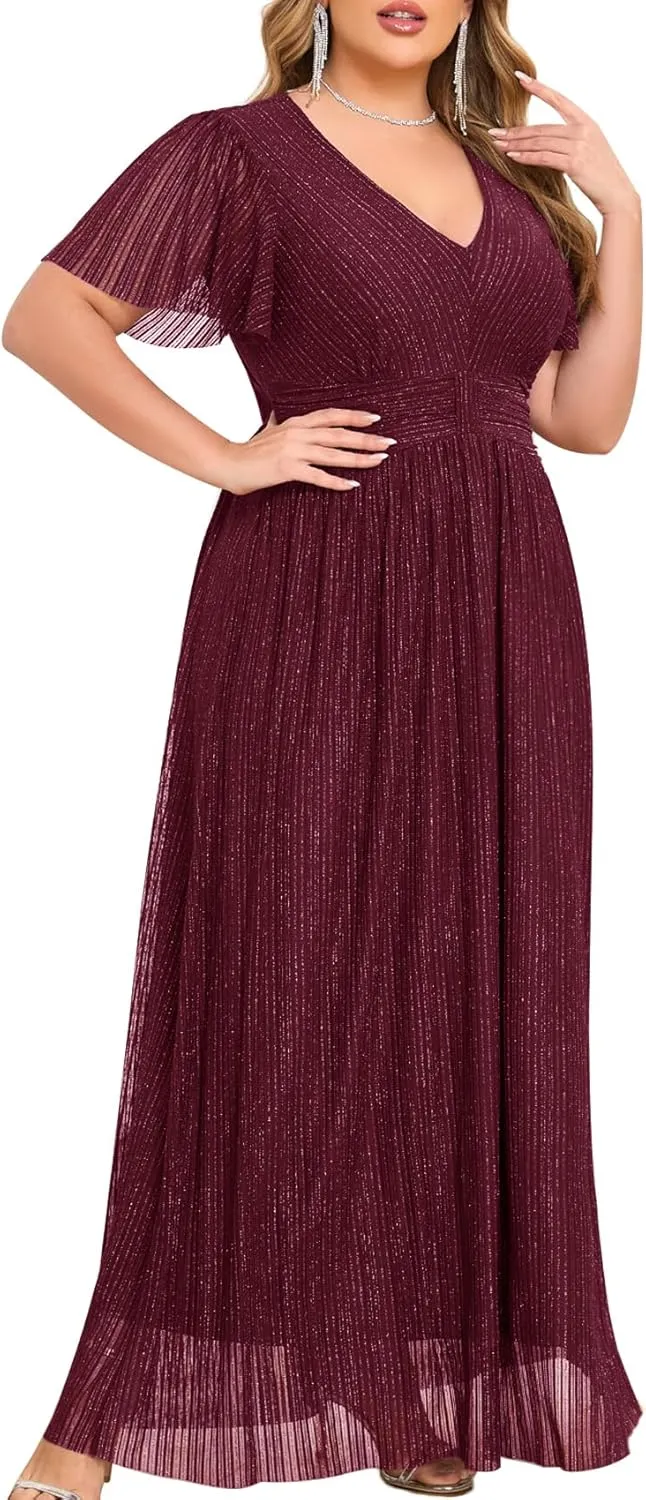 ZOMVA Plus Size Maxi Formal Dress Sparkly V-Neck A-line Ruffle Sleeves Evening Gown Cocktail Prom Glitter