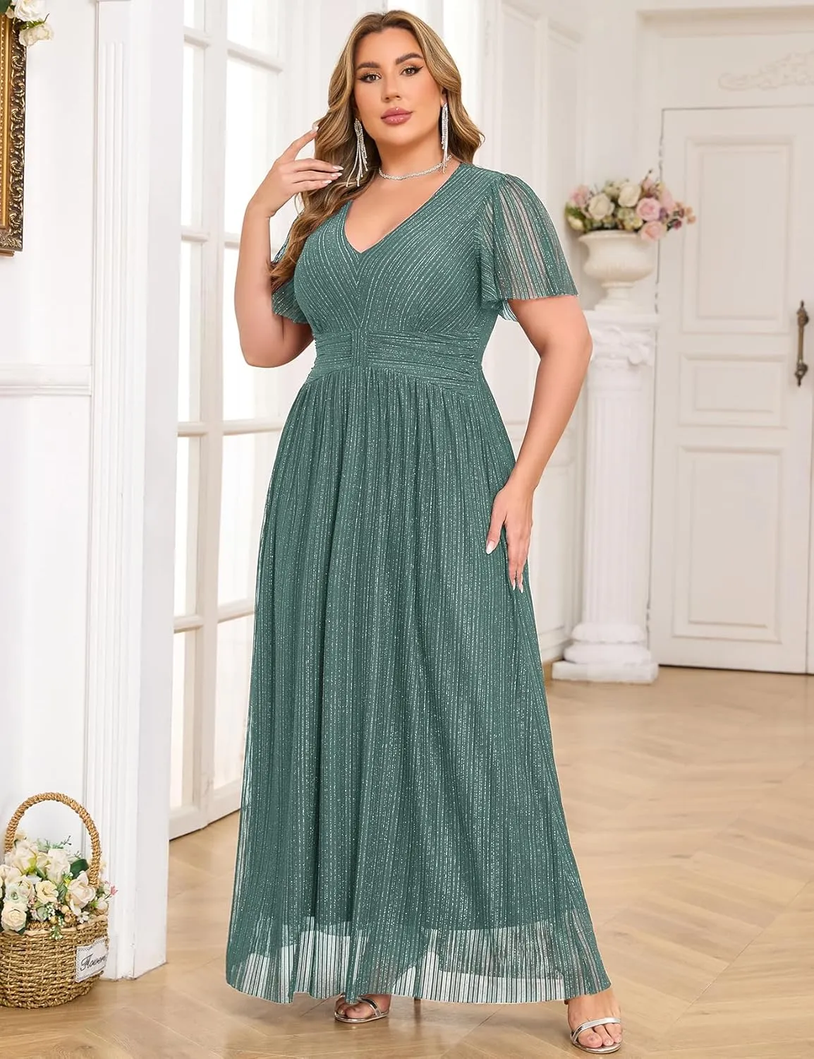 ZOMVA Plus Size Maxi Formal Dress Sparkly V-Neck A-line Ruffle Sleeves Evening Gown Cocktail Prom Glitter