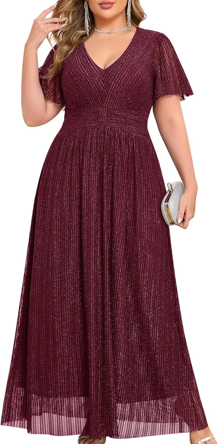 ZOMVA Plus Size Maxi Formal Dress Sparkly V-Neck A-line Ruffle Sleeves Evening Gown Cocktail Prom Glitter