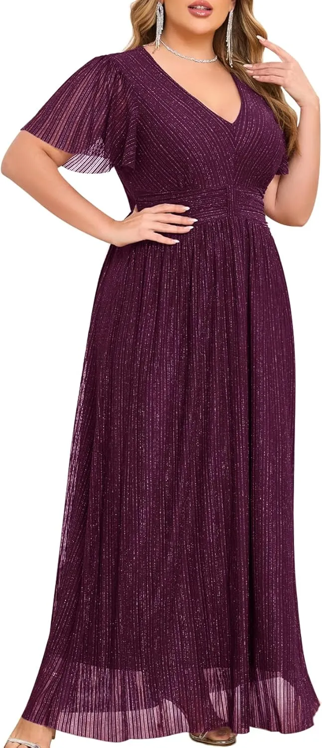 ZOMVA Plus Size Maxi Formal Dress Sparkly V-Neck A-line Ruffle Sleeves Evening Gown Cocktail Prom Glitter
