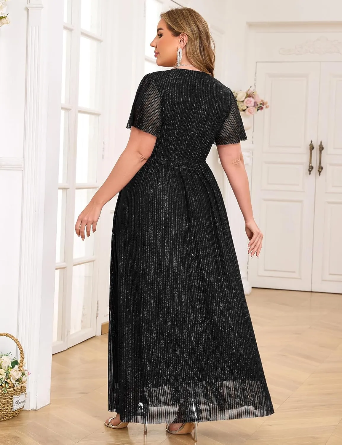 ZOMVA Plus Size Maxi Formal Dress Sparkly V-Neck A-line Ruffle Sleeves Evening Gown Cocktail Prom Glitter