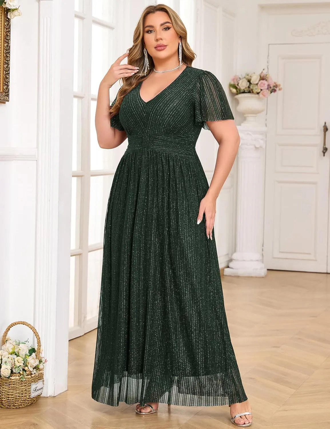 ZOMVA Plus Size Maxi Formal Dress Sparkly V-Neck A-line Ruffle Sleeves Evening Gown Cocktail Prom Glitter
