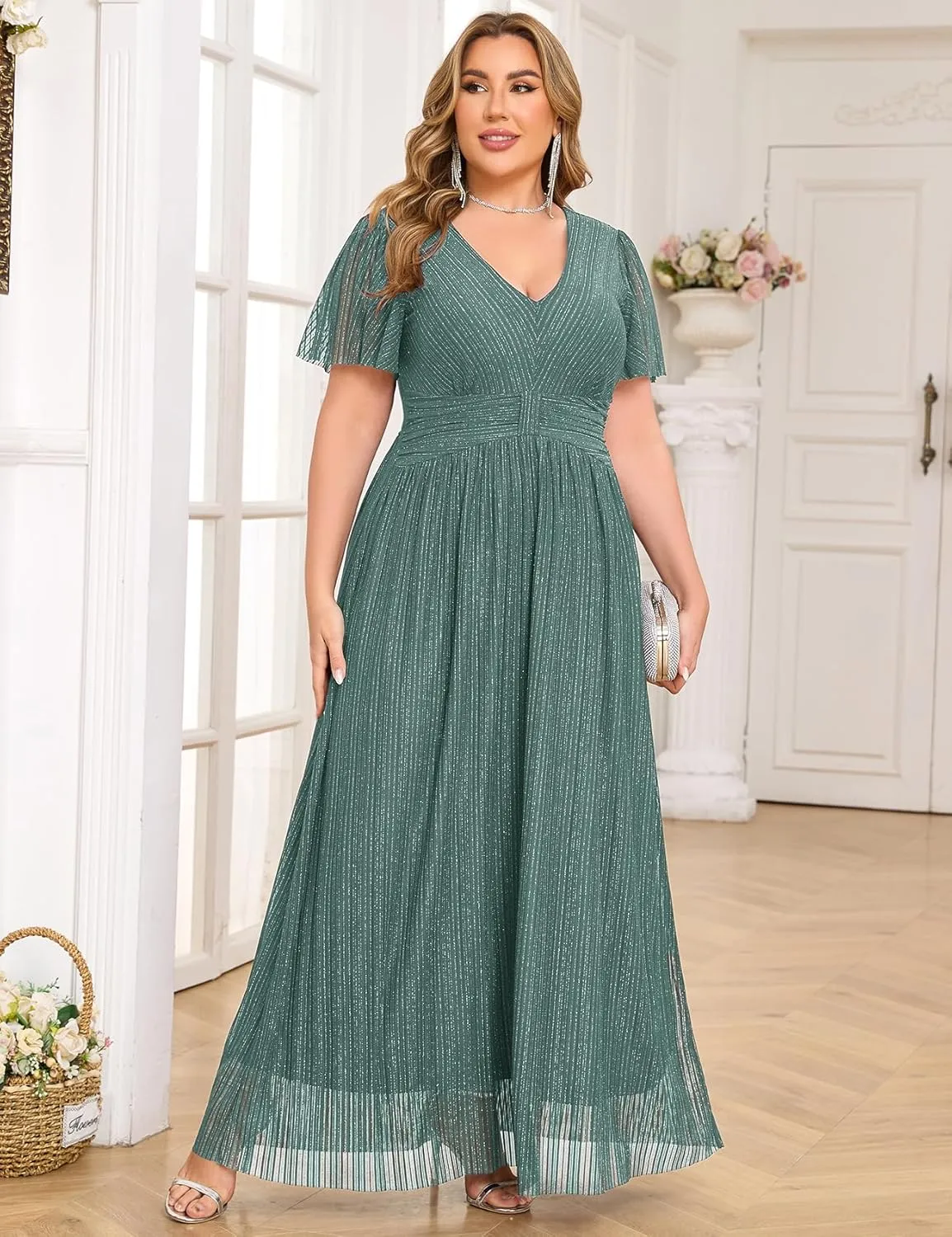 ZOMVA Plus Size Maxi Formal Dress Sparkly V-Neck A-line Ruffle Sleeves Evening Gown Cocktail Prom Glitter