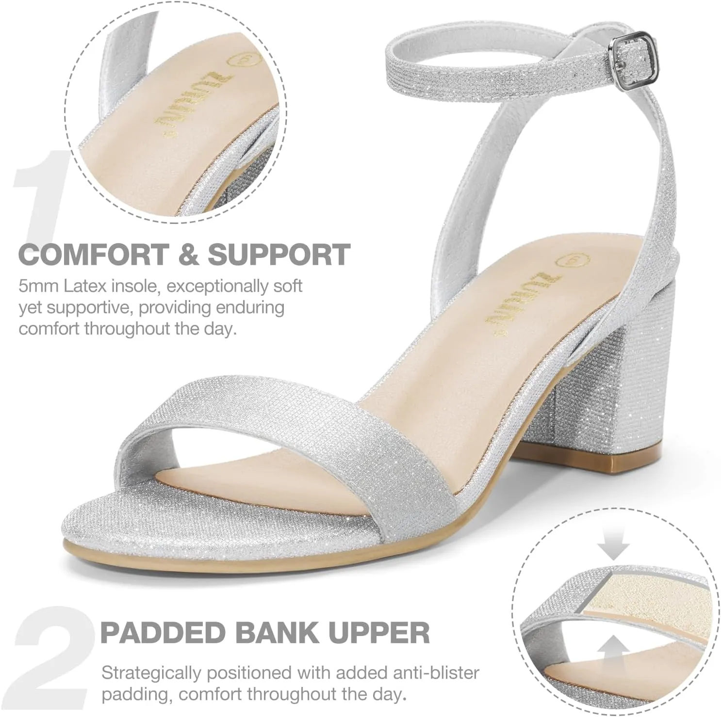 ZURIN Womens Low Block Chunky Heels Open Toe Ankle Strap Heeled Sandals Dress Pumps Shoes for Wedding Bridal Evening Party Homecoming Prom 2.24 inch
