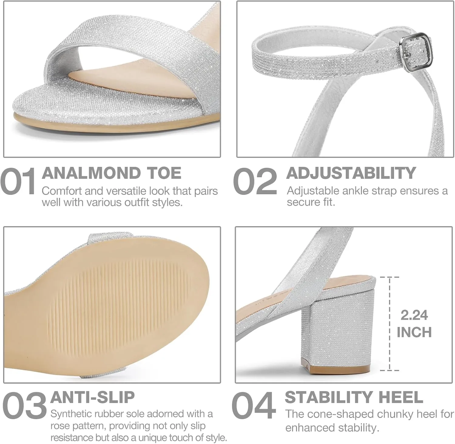 ZURIN Womens Low Block Chunky Heels Open Toe Ankle Strap Heeled Sandals Dress Pumps Shoes for Wedding Bridal Evening Party Homecoming Prom 2.24 inch