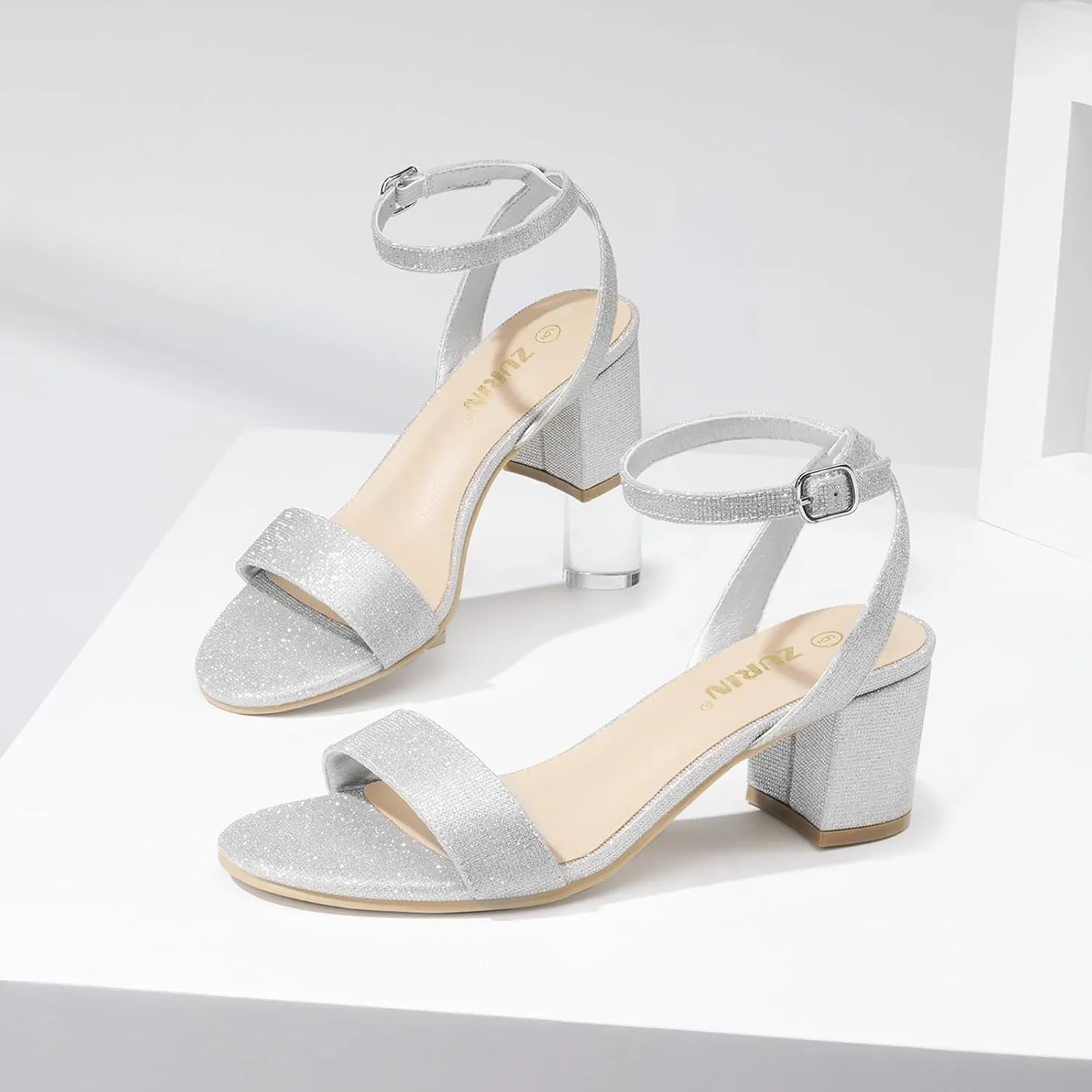 ZURIN Womens Low Block Chunky Heels Open Toe Ankle Strap Heeled Sandals Dress Pumps Shoes for Wedding Bridal Evening Party Homecoming Prom 2.24 inch